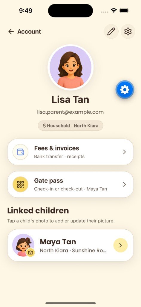 Fluent Parent account screen with fees and linked children