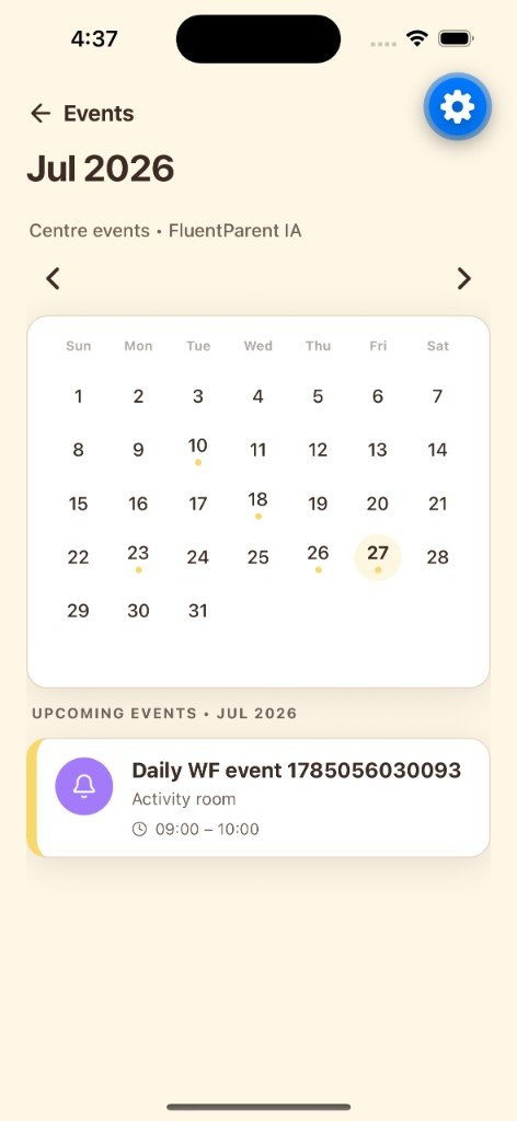 Fluent Parent events calendar with upcoming centre activities