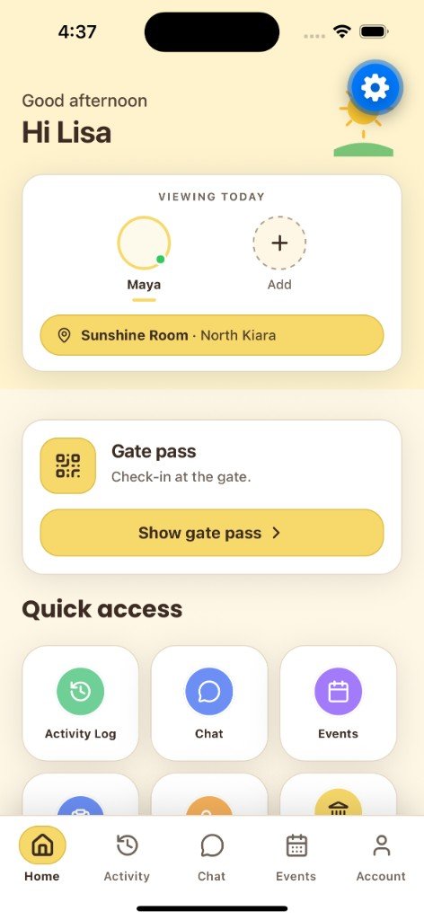 Fluent Parent home screen — updates, gate pass, and quick access for parents